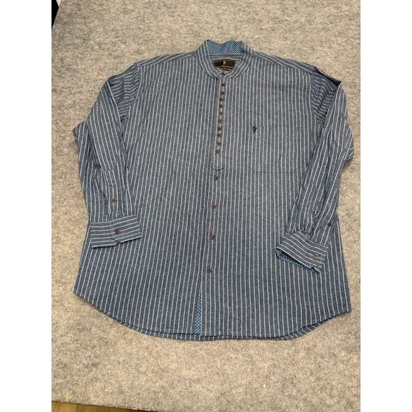 Celtic Ranchwear Shirt L Blue White Stripe Band Collar Button Cotton Linen - Picture 2 of 9